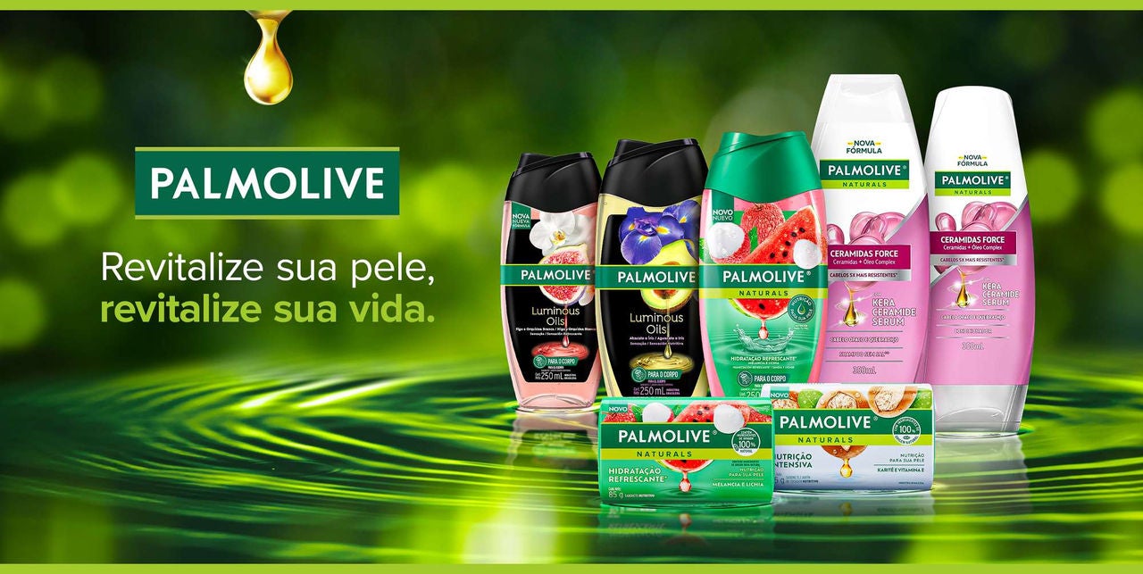 Linha Palmolive Naturals e Luminous Oils sobre água verde com slogan Revitalize sua pele, revitalize sua vida.